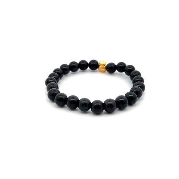 24K Gold Money Bag Lucky Charm Bracelet Gemstones Natural Obsidian 8mm Size 7" - Picture 2 of 4